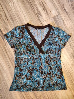 CKW Babydoll Brown & Turquoise Paisley V-Neck Top Size Medium